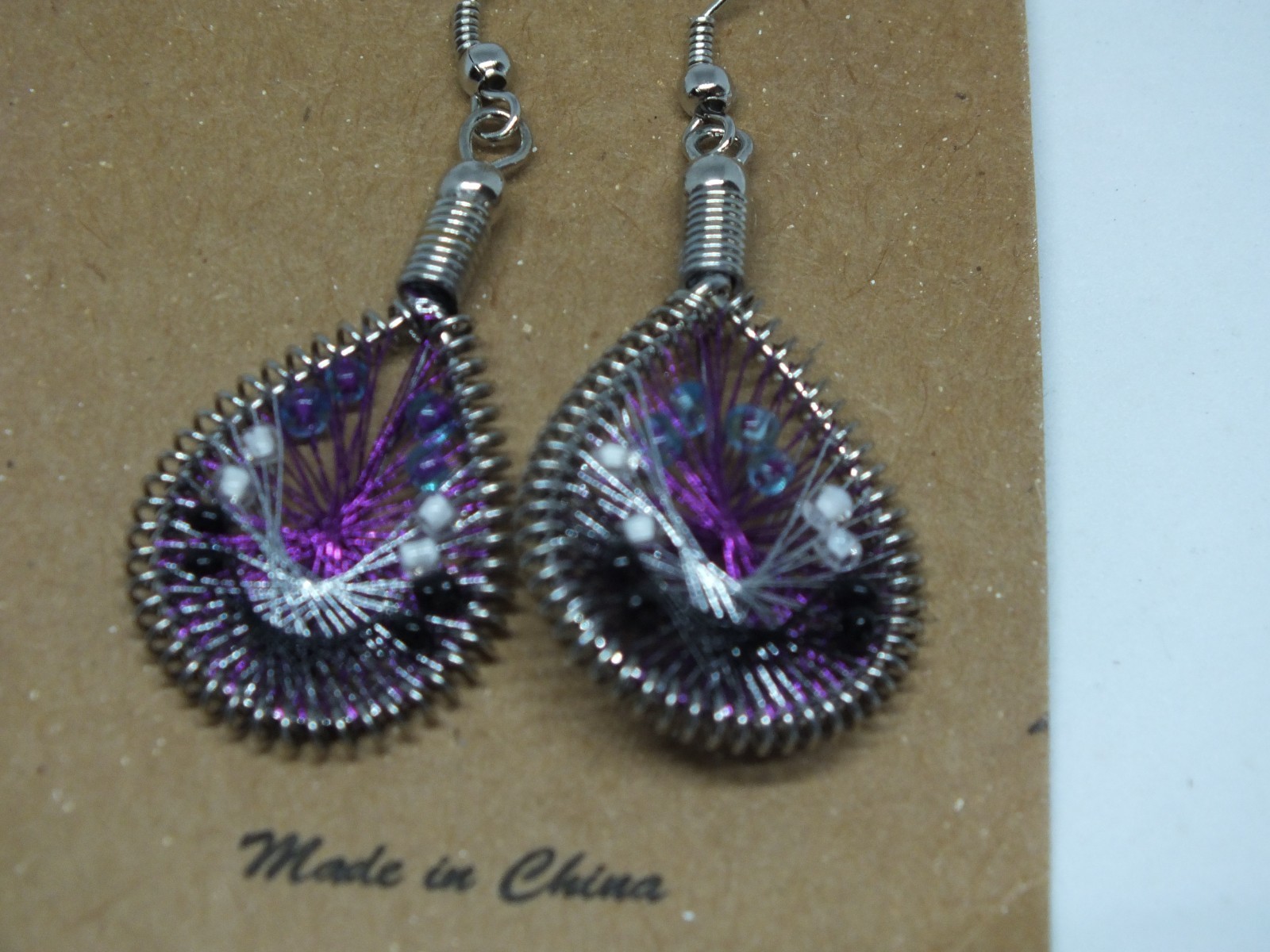 French Wire Pierced Earrings Silver Tone NA Style Purple Black Org Card 1 1/2″ L