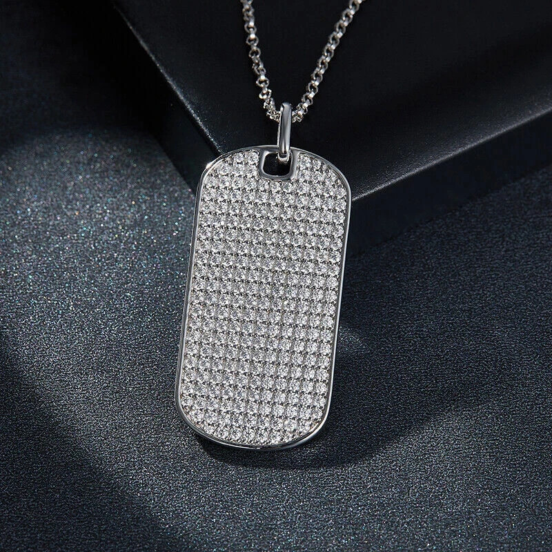 Men Dog Tag Charm Pendant 1.5Ct Real Moissanite Round Cut 14K White Gold Plated