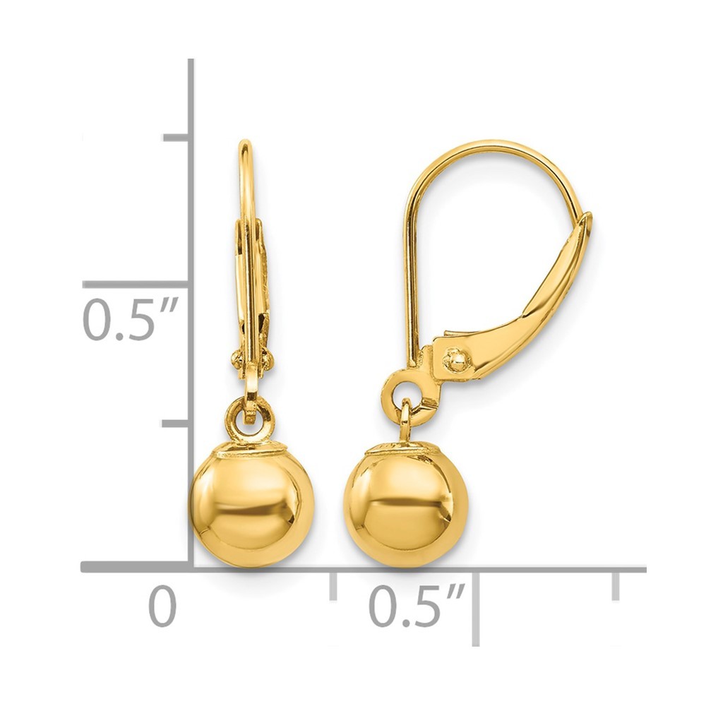 14k Yellow Gold Dangle 6mm Bead Leverback Earrings 0.65g for Mom