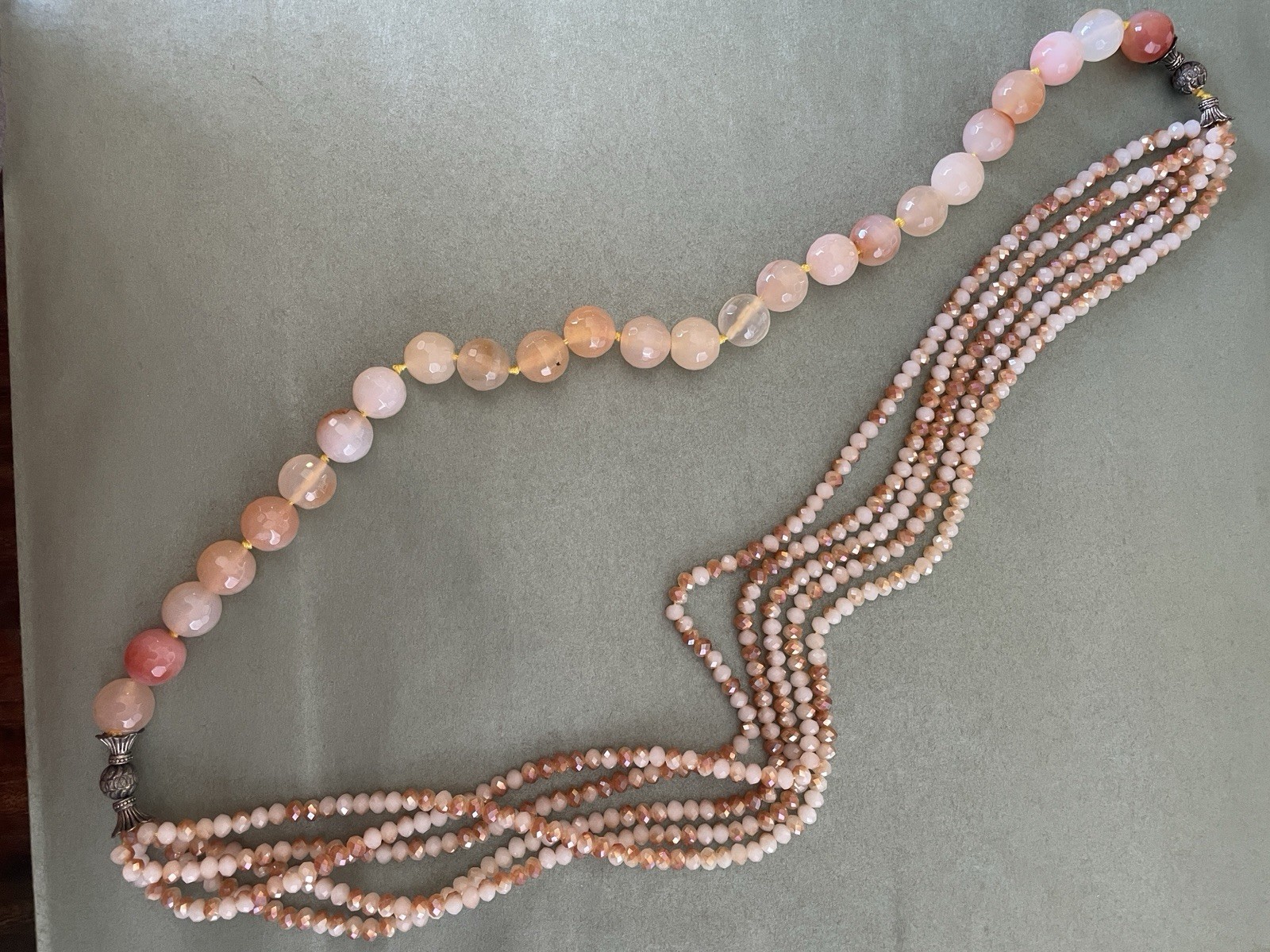 Pink Multi-Strand Agate Statement Necklace, Glass & Stone Round Beads 18 in