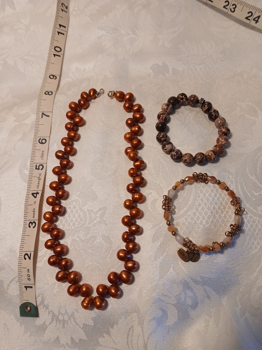 Copper Orange Colored Freshwater Pearl Choker 8″, and 2 Bracelets, each 7″