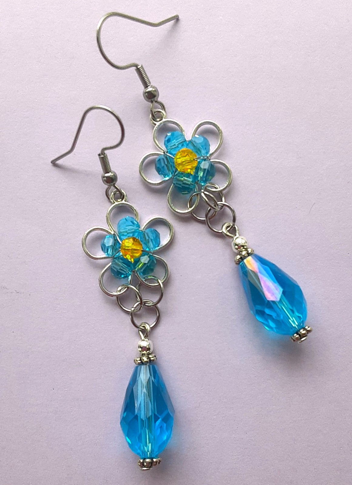 BLUE CRYSTAL DAISY teardrop DANGLE earring SP FISH HOOK handmade XAG