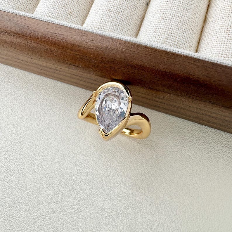 Pear Shape Moissanite Bypass 14K Gold Plated Teardrop Engagement Ring