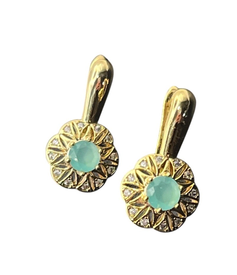 Pale blue green rhinestone gold tone flower cluster earrings