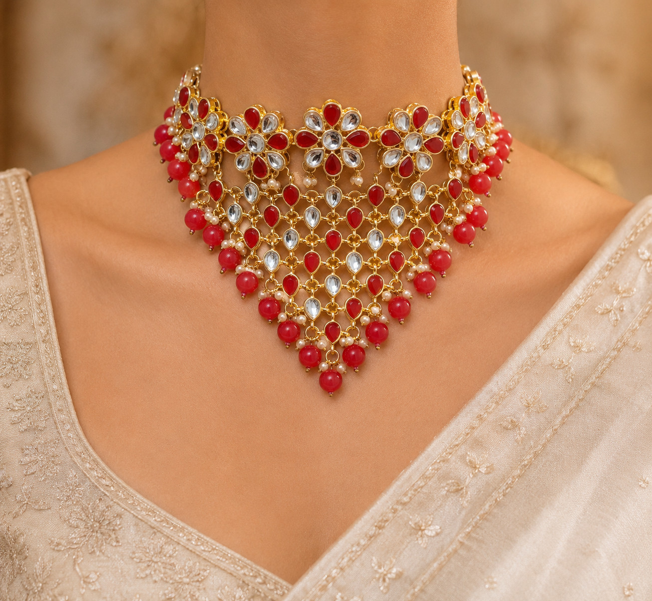 Aiza Red Kundan Floral Bridal Choker Set with Pink Bead Drops Roz Jewellers.
