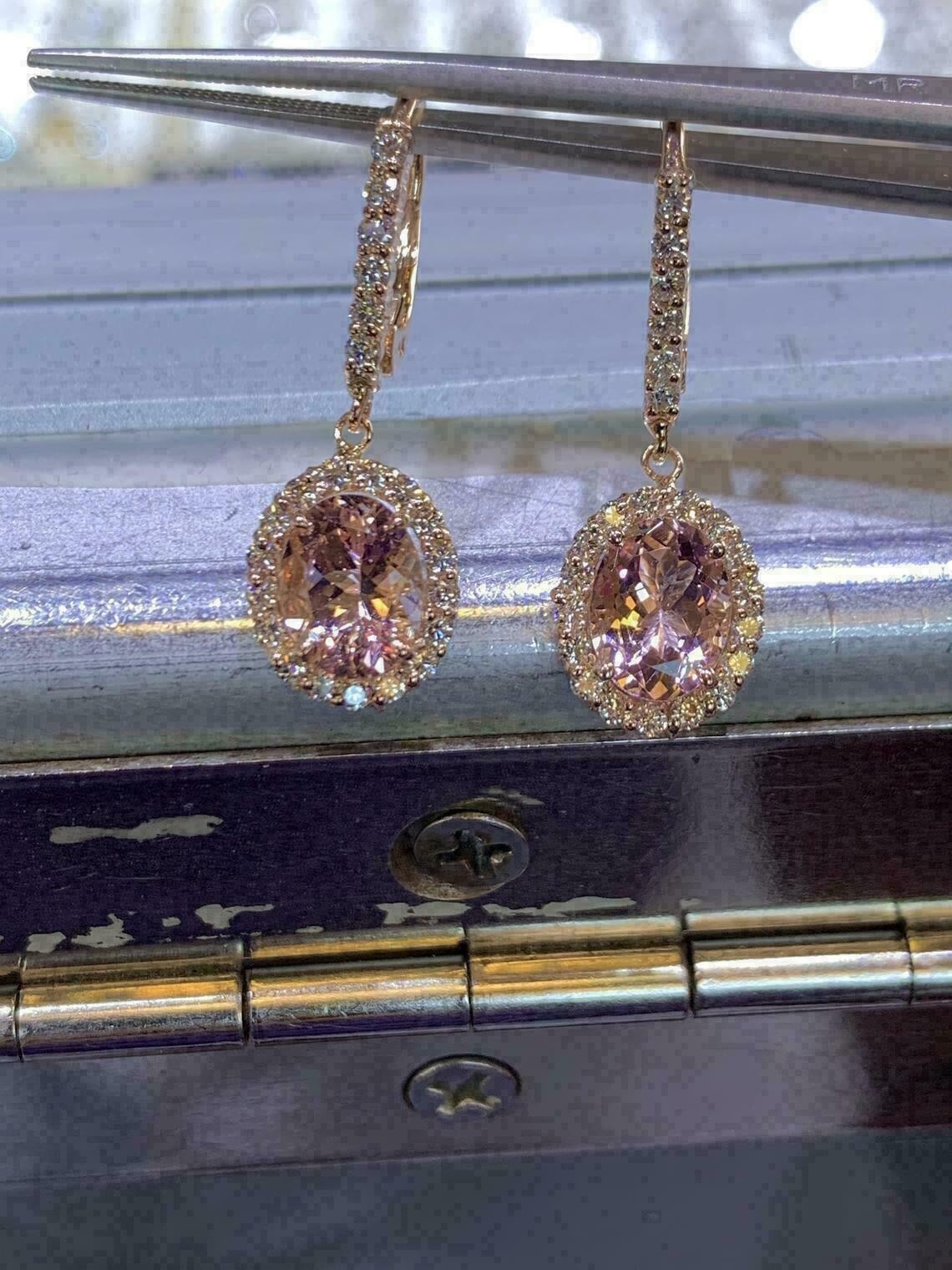 4Ct Oval Cut Morganite Diamond Halo Drop & Dangle Earrings 14K Rose Gold Finish