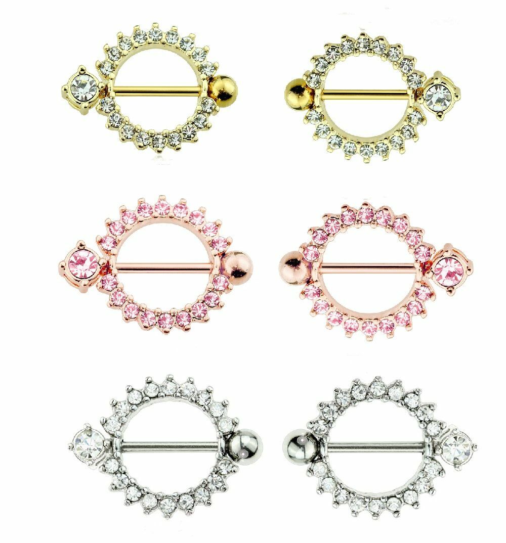 Nipple Shield Rings Paved Round Surgical Steel 14ga- Sold as a Pair