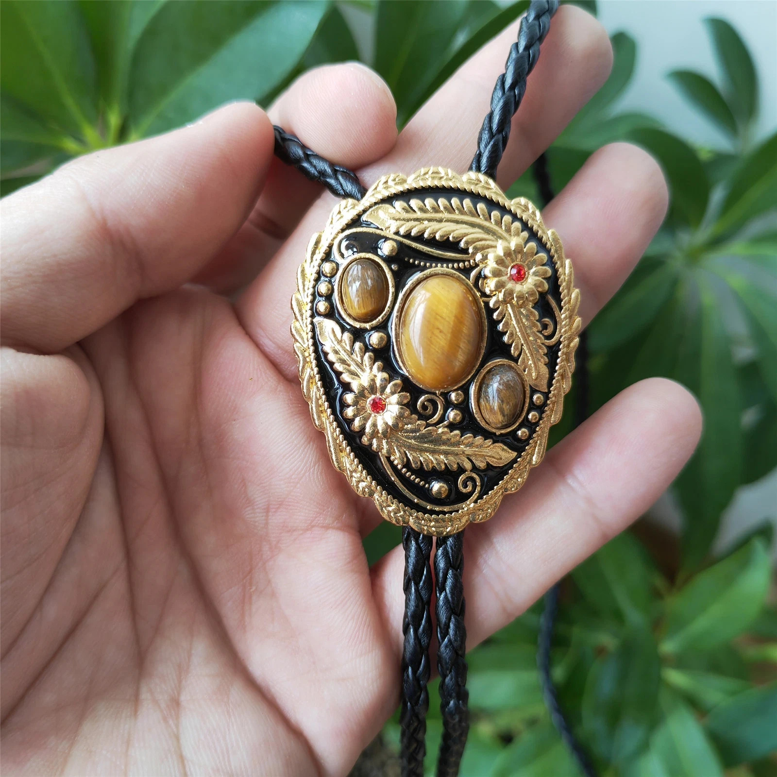 3 Tigers Eye Stone Men Bolo Tie Wedding Necklace Western Cowboy Necktie vintage