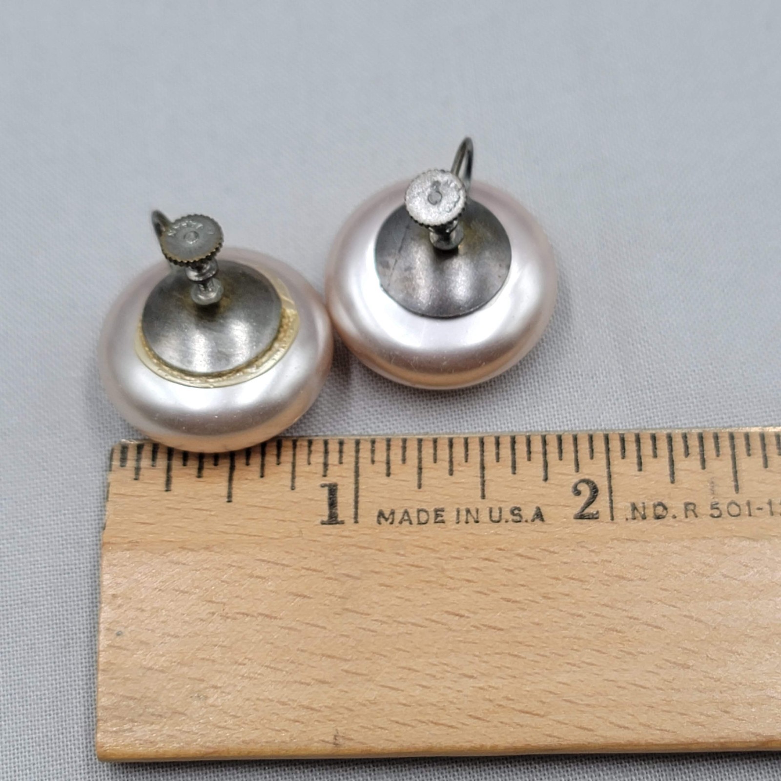 Vintage Pearlized Very Light Pink Round Clip on Earrings Screw Back 1″