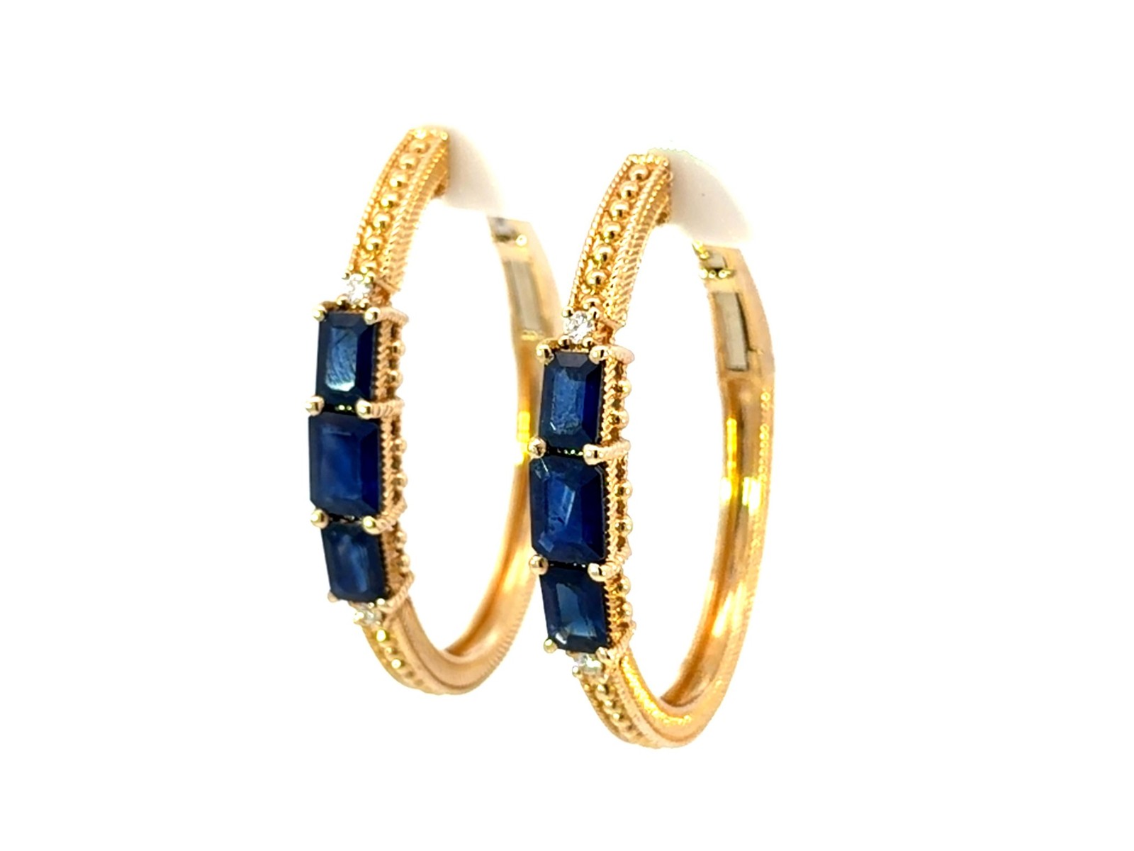 Judith Ripka Emerald Cut Sapphire Diamond Hoop Earrings 14k Yellow Gold
