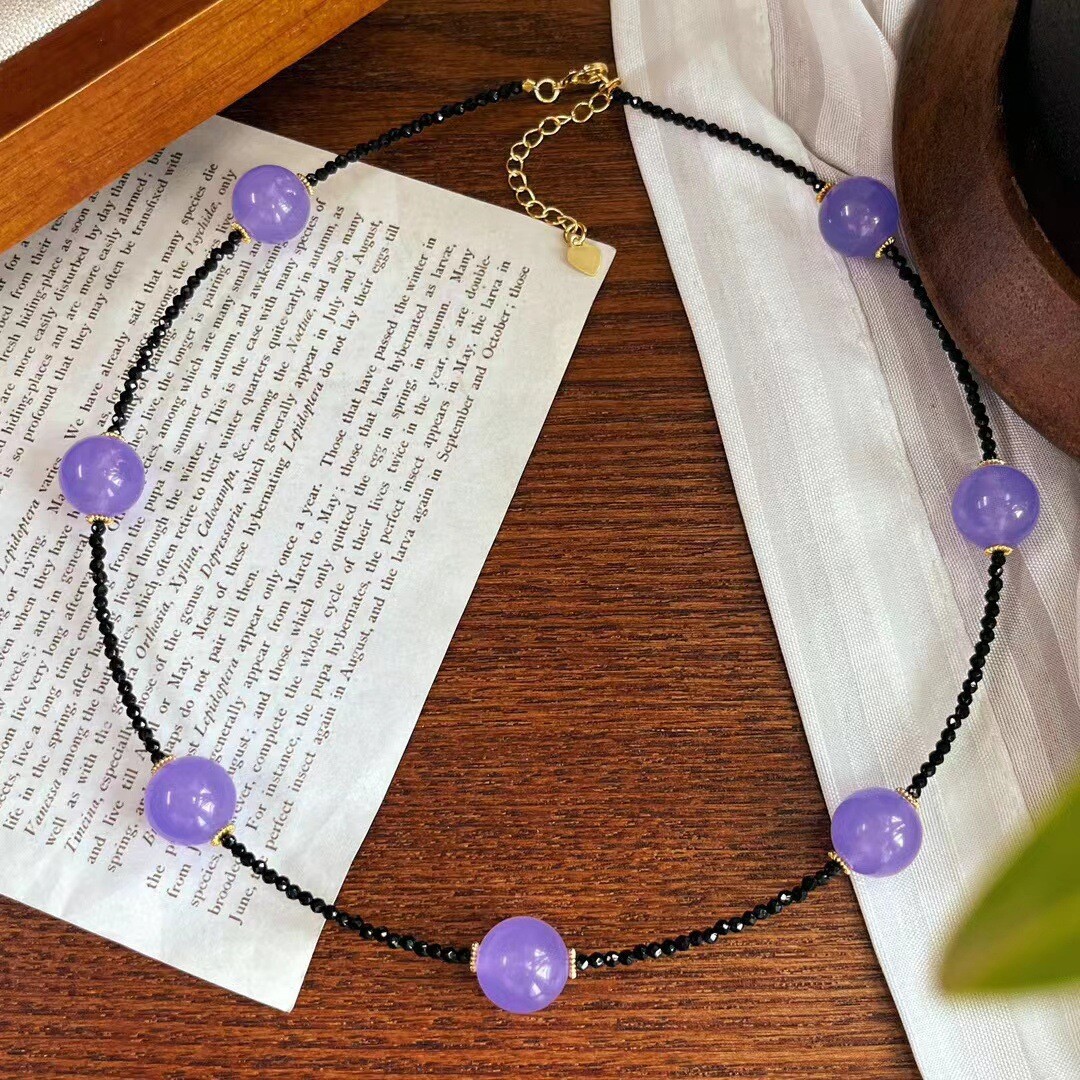 Exquisite 3mm Faceted Spinel & 10mm Lavender Jade Round Gems Necklace 16-28in