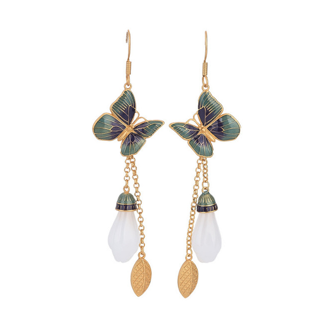 Jade Bohemian Drop Dangle Earrings Flower Butterfly Gemstone 18K Gold Plated