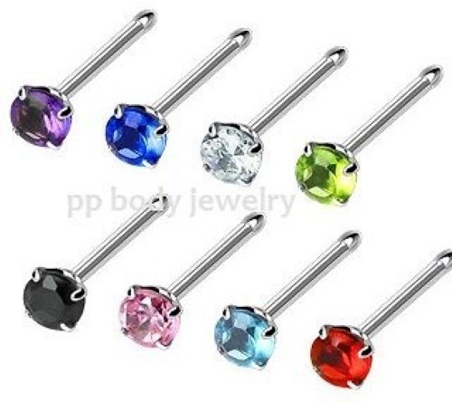 1pc. of color 20g (0.8mm) 316L Steel Nose Bone wirh 3mm C.Z. Prong Set Nose Stud