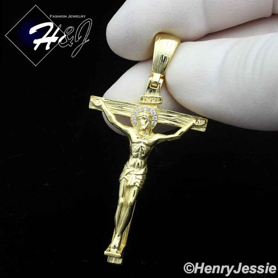 MEN 925 STERLING SILVER 3D GOLD PLATED JESUS CHRIST CROSS CRUCIFIX PENDANT*GP423