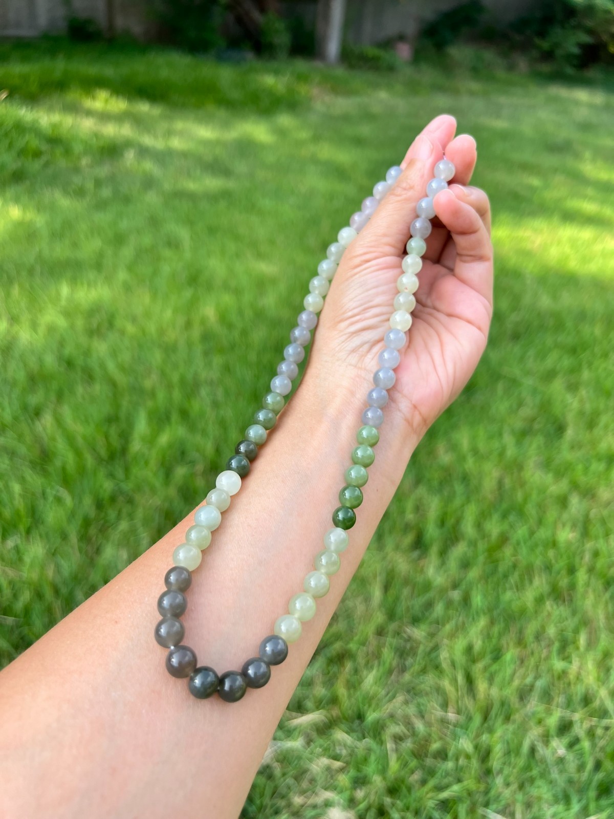 Genuine Gray Purple Green Nephrite Jade 7.8mm Bead 17″ Necklace H323 a