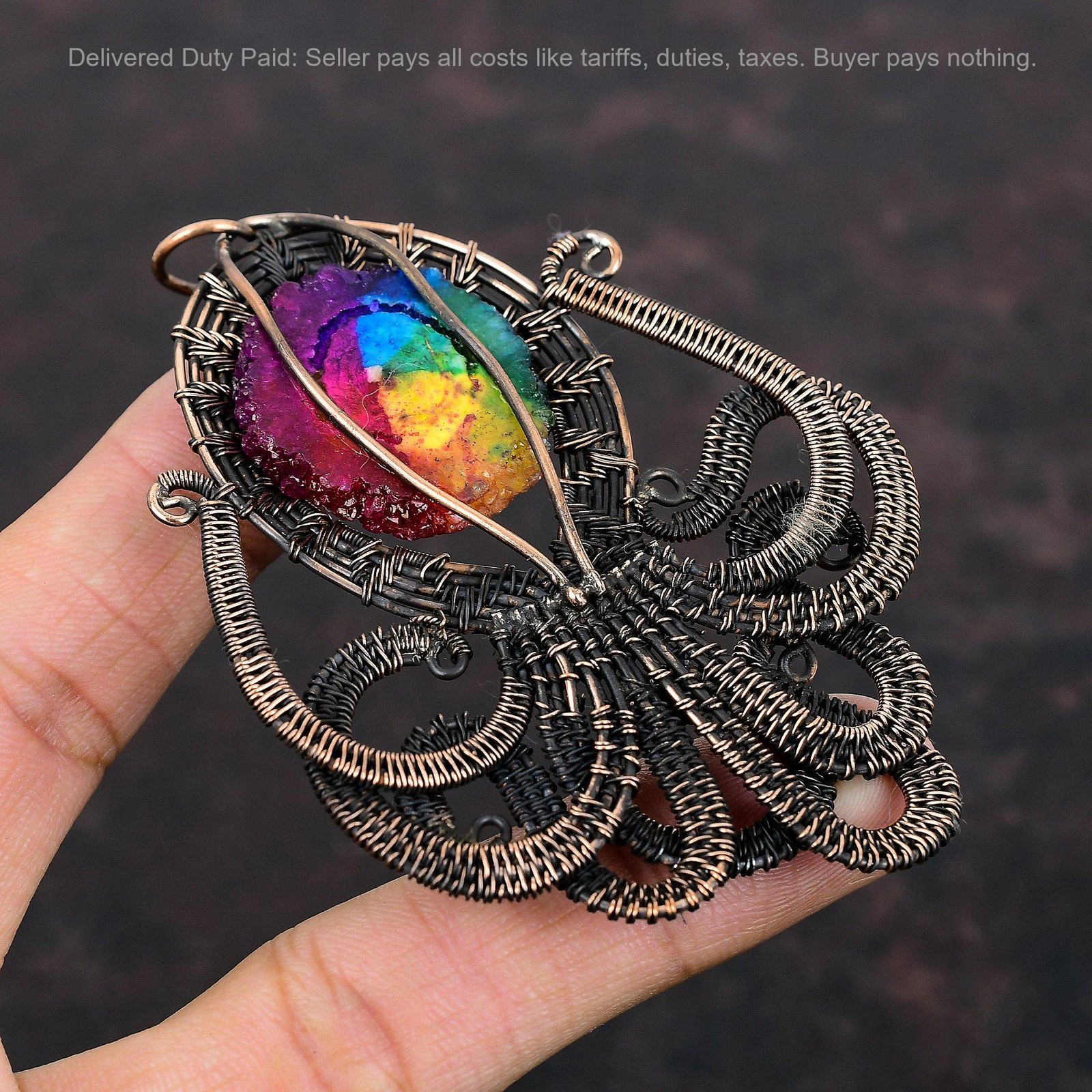 Rainbow Solar Quartz Druzy Stone Copper Wire Wrapped Octopus New Pendant Jewelry