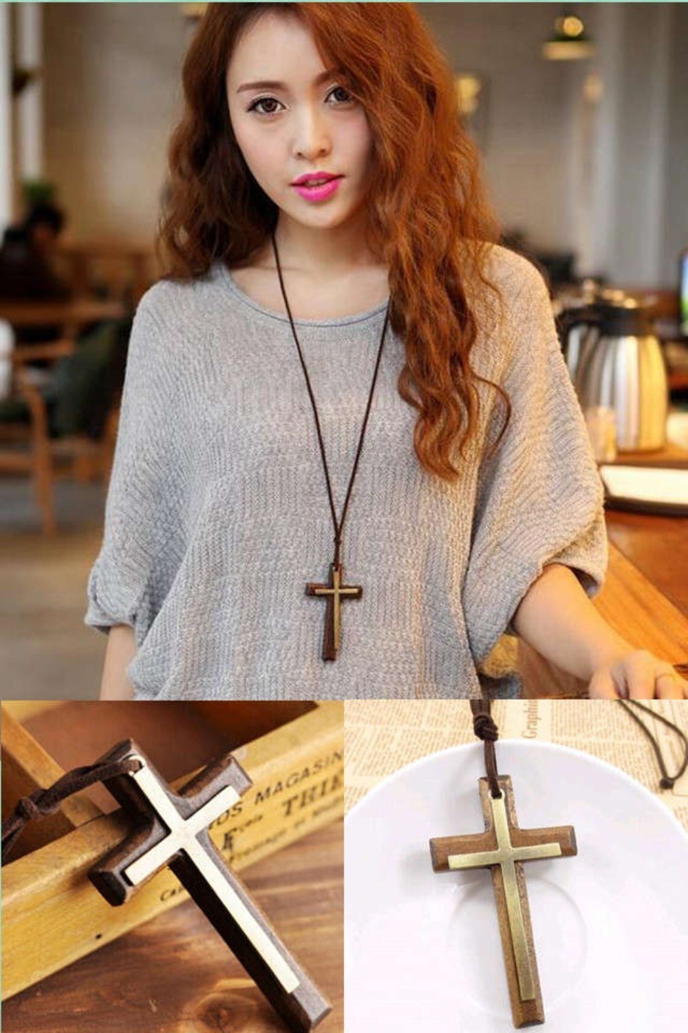 Handmade double-layer alloy wood cross long pendant sweater velvet rope necklace