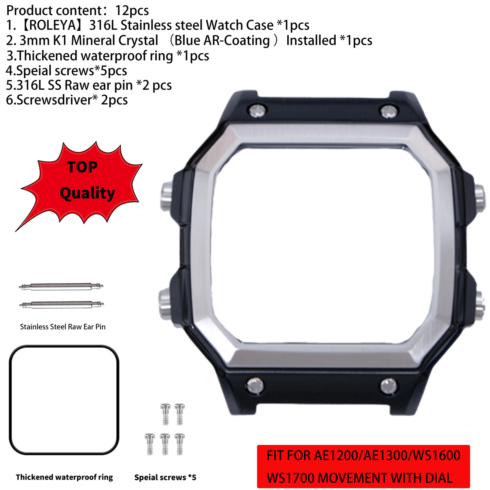 Suitable For Casio AE1200 Watch Case Mod Kit 316L Stainless Steel Glass 10ATM