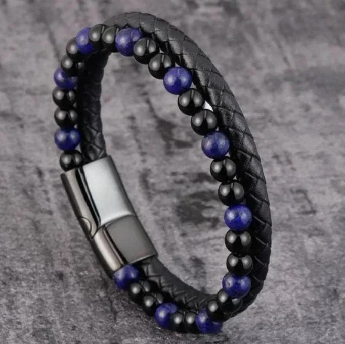 Natural Lapis Lazuli Obsidian 2 Strands Leather Reiki Strength Men Bracelet Gift