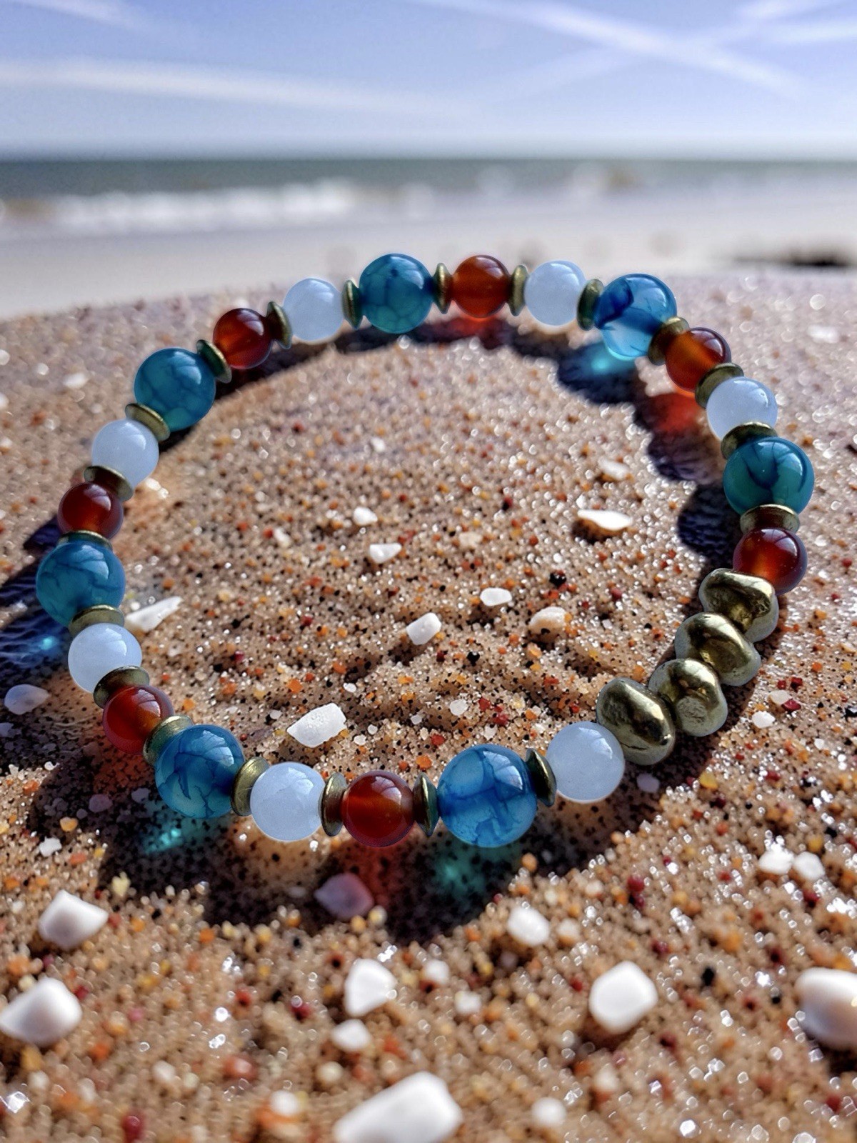 Independence Day Patriotic Stretch Gemstone Bracelet, With Solid Brass Nuggets