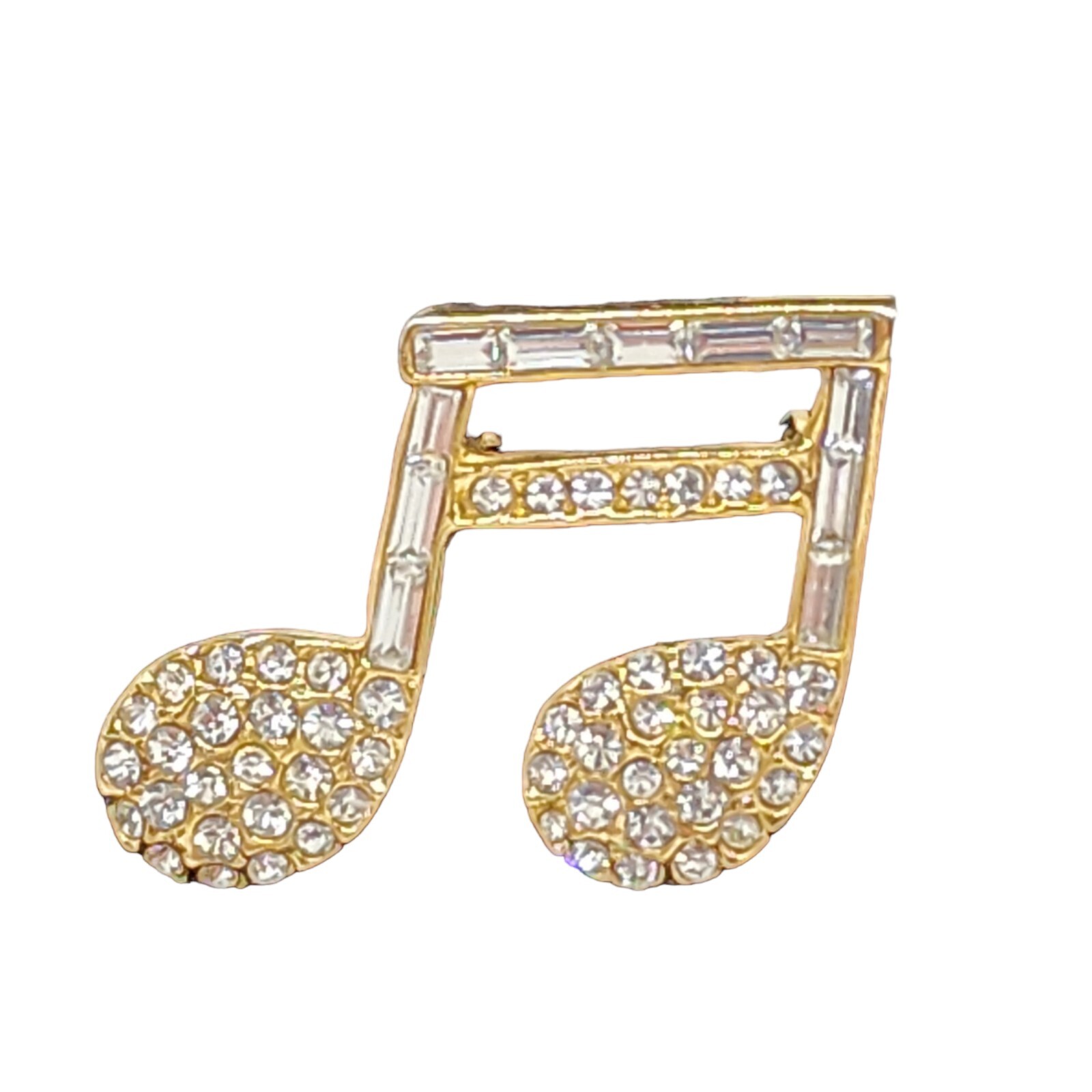 Music Note Brooch Pin w/Clear Sparkling Round & Baguette Rhinestones Gold Tone
