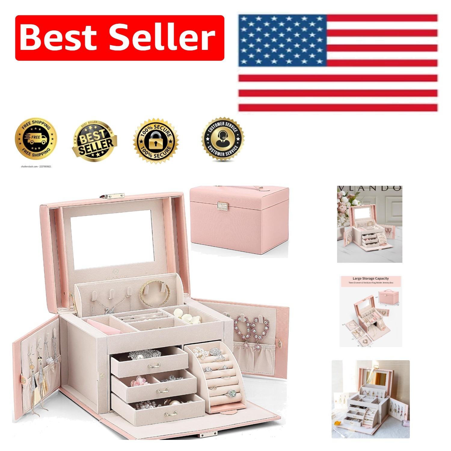 Stunning Pink Jewelry Organizer with Mirror and 3 Drawers – for Elegant Storage