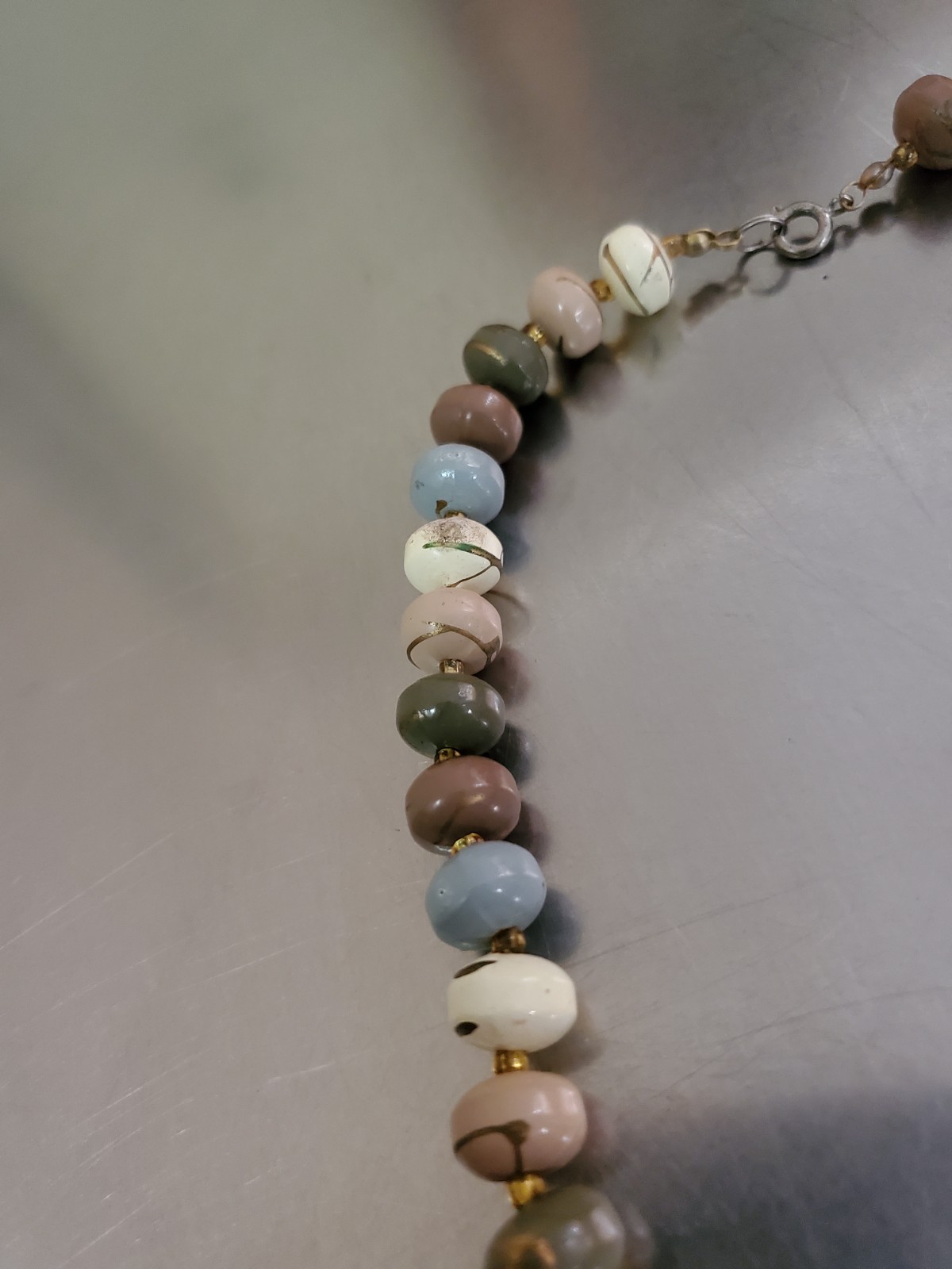 Vintage Multicolor Necklace Brown Blue Gold Beige White Green Beaded 22.5 inch