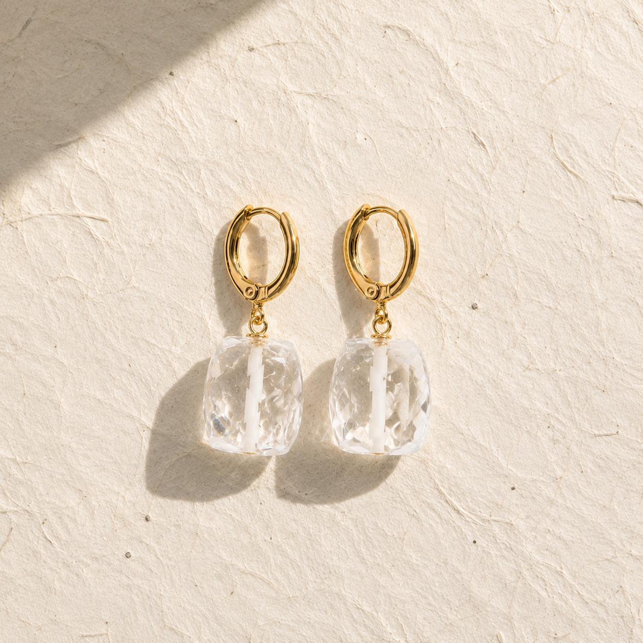 Natural Clear Quartz Cube Drop Earrings | 18K Gold Plated | Clarity & Focus
