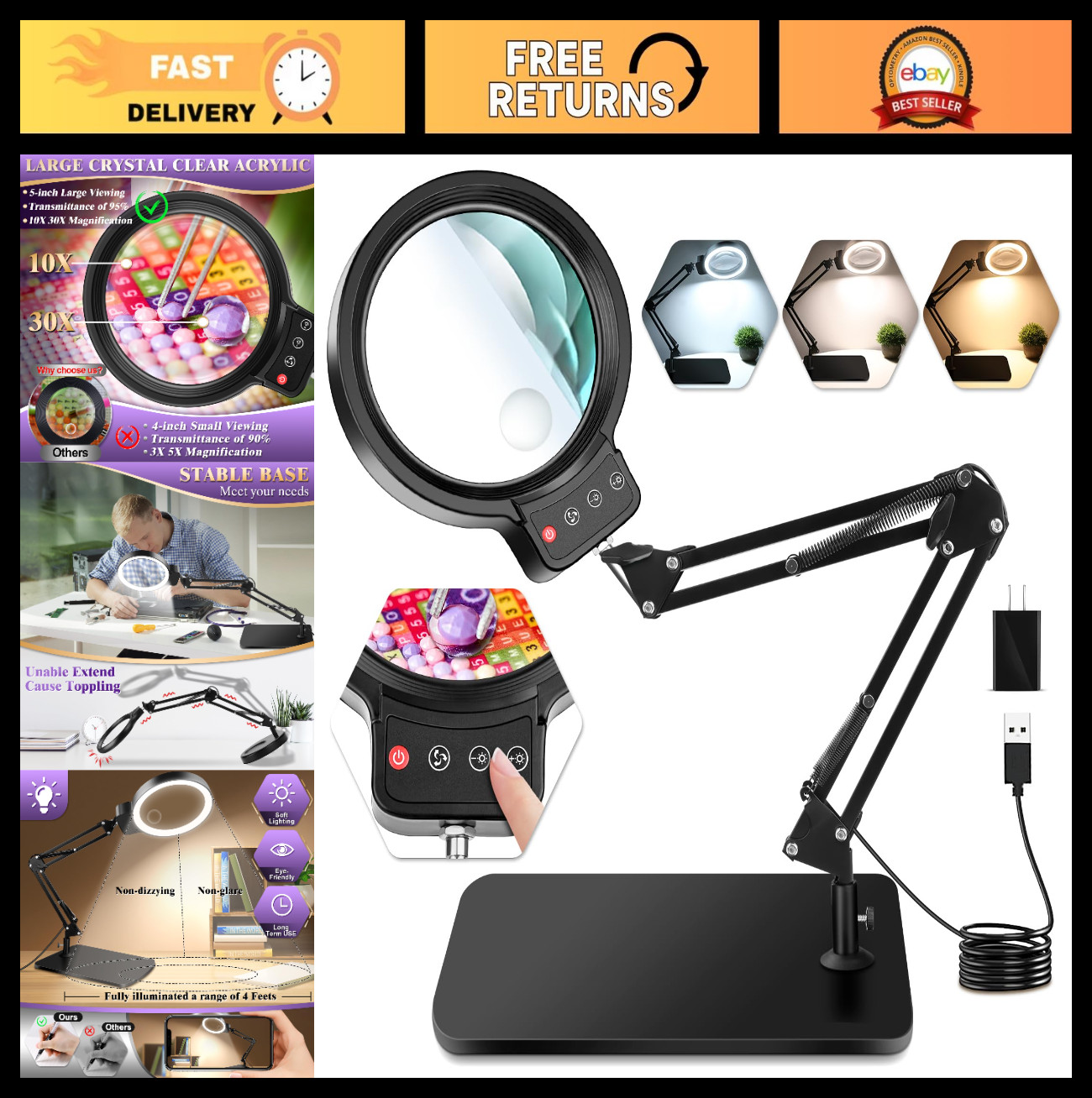 10X 30X Lighted Magnifying Glass with Stand & LED, 5-Inch Dimmable Desk Lamp for