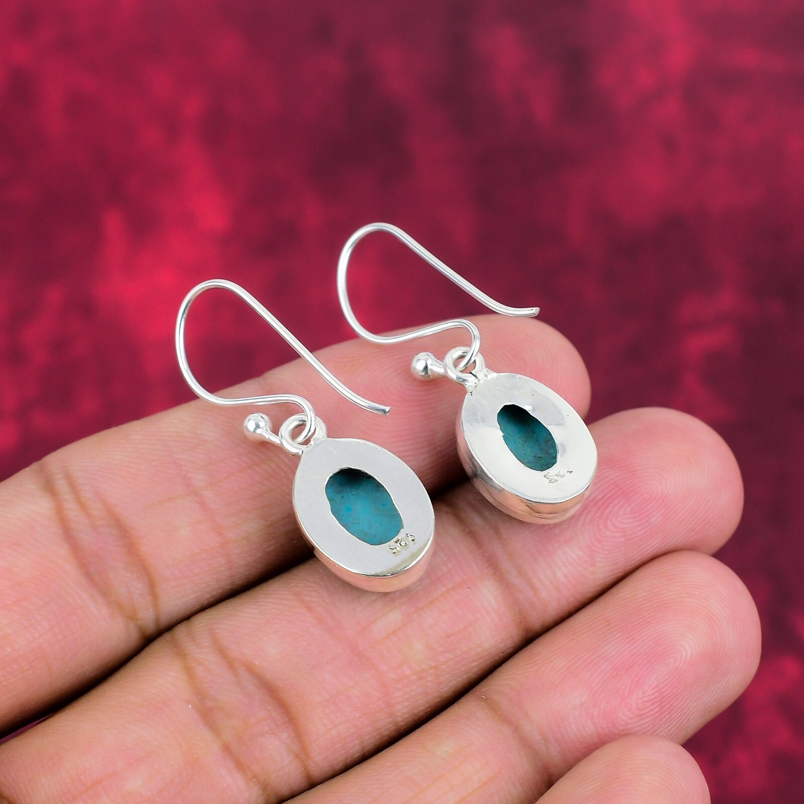 Tibetan Turquoise Gemstone Handmade 925 Solid Silver Beautiful Earrings Jewelry