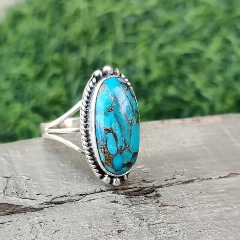 Sterling 925 Silver Handmade Women Ring With Turquoise Oval Shaped Stone