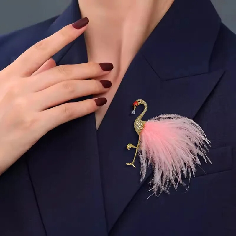 Luxurious 14k Gold Plated Copper Zircon Flamingo Brooches High-end Bird Hot Sale