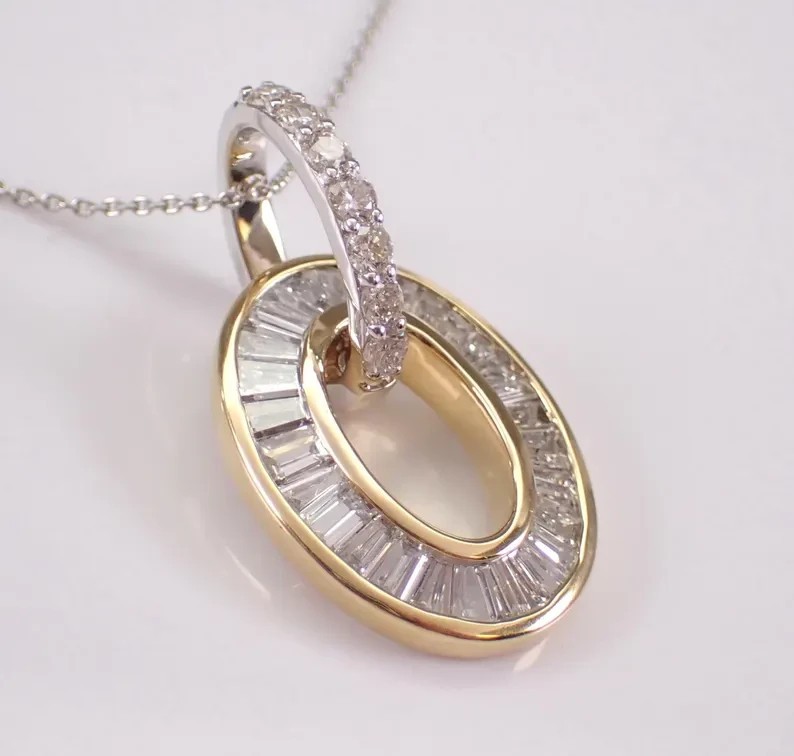 2Ct Baguette Lab Created Diamond Oval Halo Pendant 14K Yellow Gold Plated