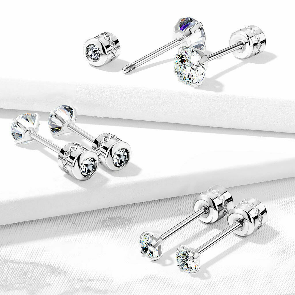 PAIR Prong Set CZ Stud Earrings with Gem Centered Screw Back Surgical Steel PE30