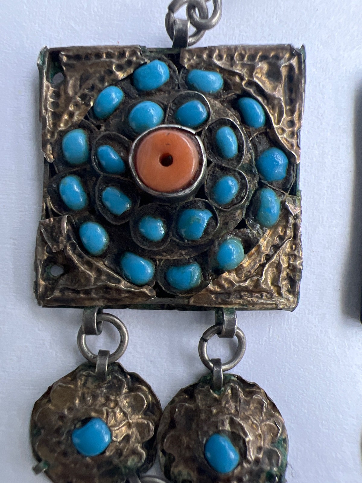 Antique Central Asian silver-gilt earrings with turquoise and coral