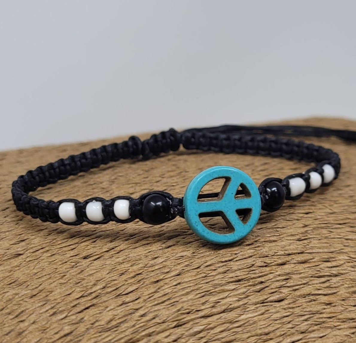 Peace Bracelet Adjustable Black Cord Turquoise Howlite Charm Handmade Unisex