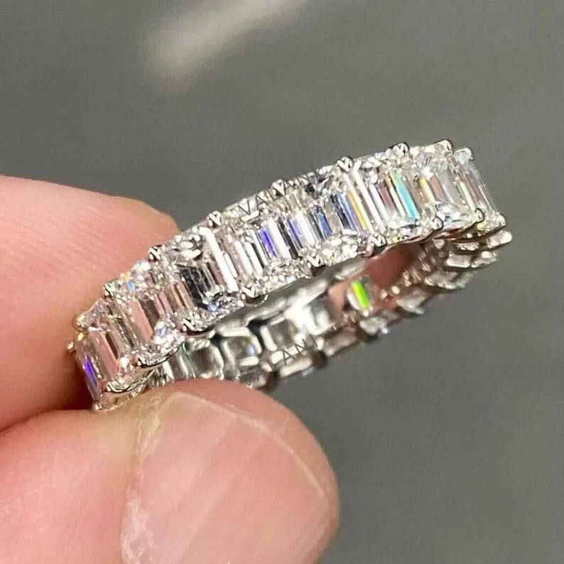 5.50Ct Emerald Cut Natural Diamond Eternity Wedding Band Ring 14K White Gold 6 7