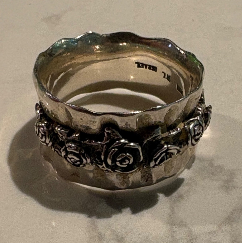 Vintage Sterling Silver 925 RL Israel Wide Hammered Rose Floral Band Ring Size 8