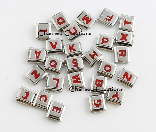 Red Letter Initial Monogram Alphabet Name ID 9mm Italian Charm Stainless Steel