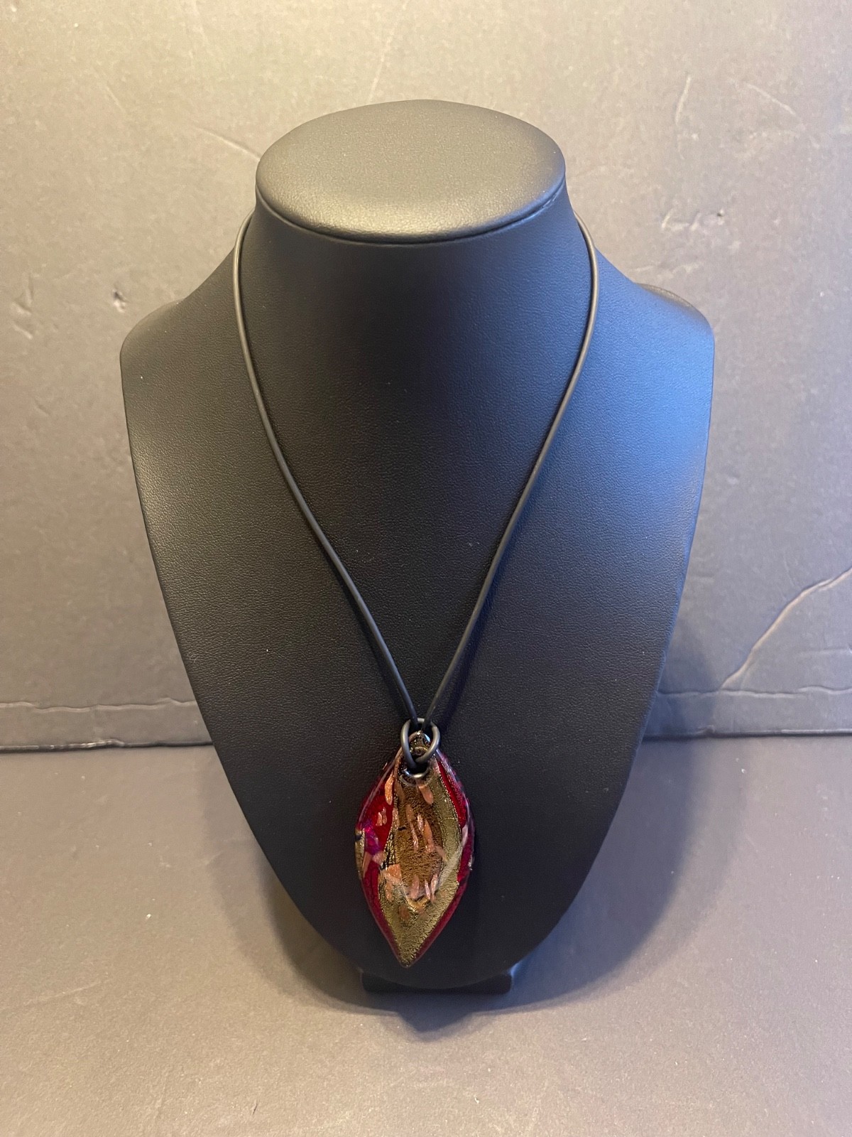 Multicolor handblown glass pendant necklace. Red, gold, copper and black.