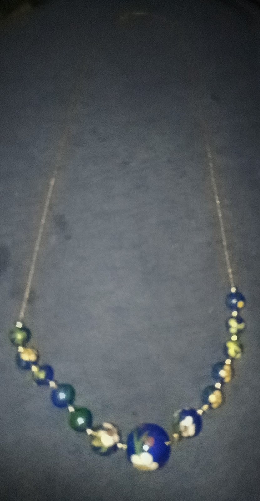 Beaded Glass Necklace, Blue Green Gold Round Beads, Multicolor Style