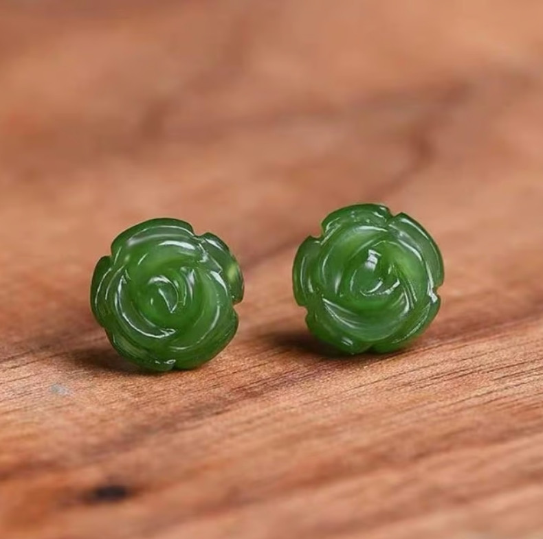 Natural Green Jade Stone Flower Stud Earrings Silver Vintage Women Earrings