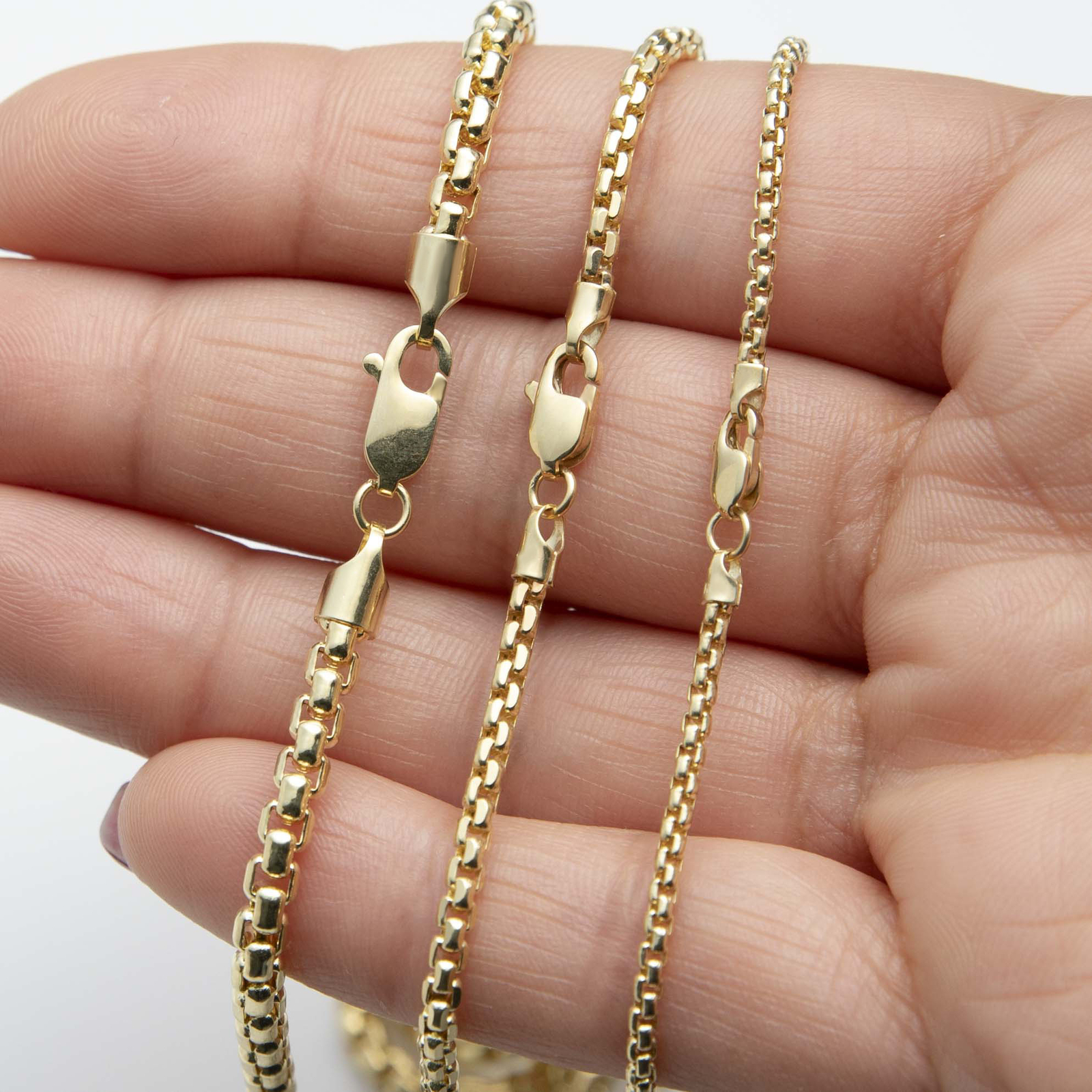 Round Box Link Chain Necklace Real 14K Yellow Gold All Sizes