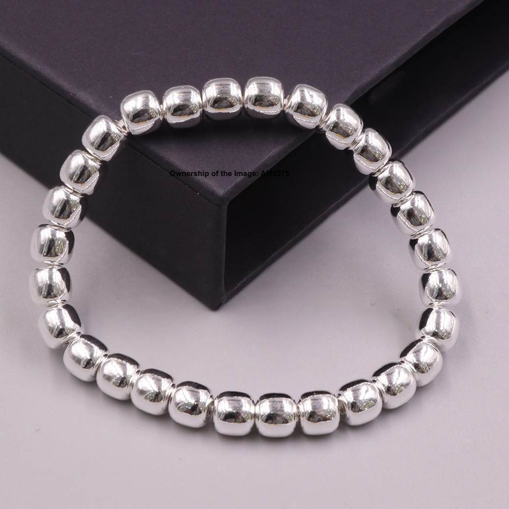 Pure 999 Fine Silver 7mm Barrel Beads Elastic Bracelet DIY Stretch Bracelet