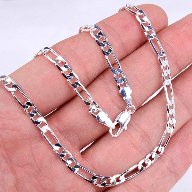 18K White Gold Filled Tarnish-Free 4mm 24 inch Flat Figaro Chain Necklace H484