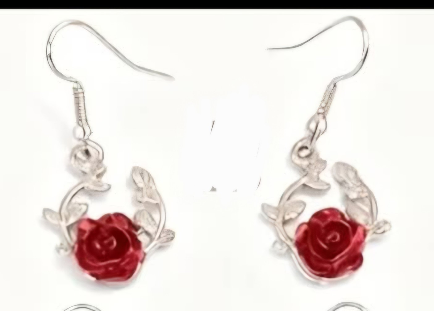 Silver Tone Red Rose Flower Dangle Hook Earrings, Metal, No Stone