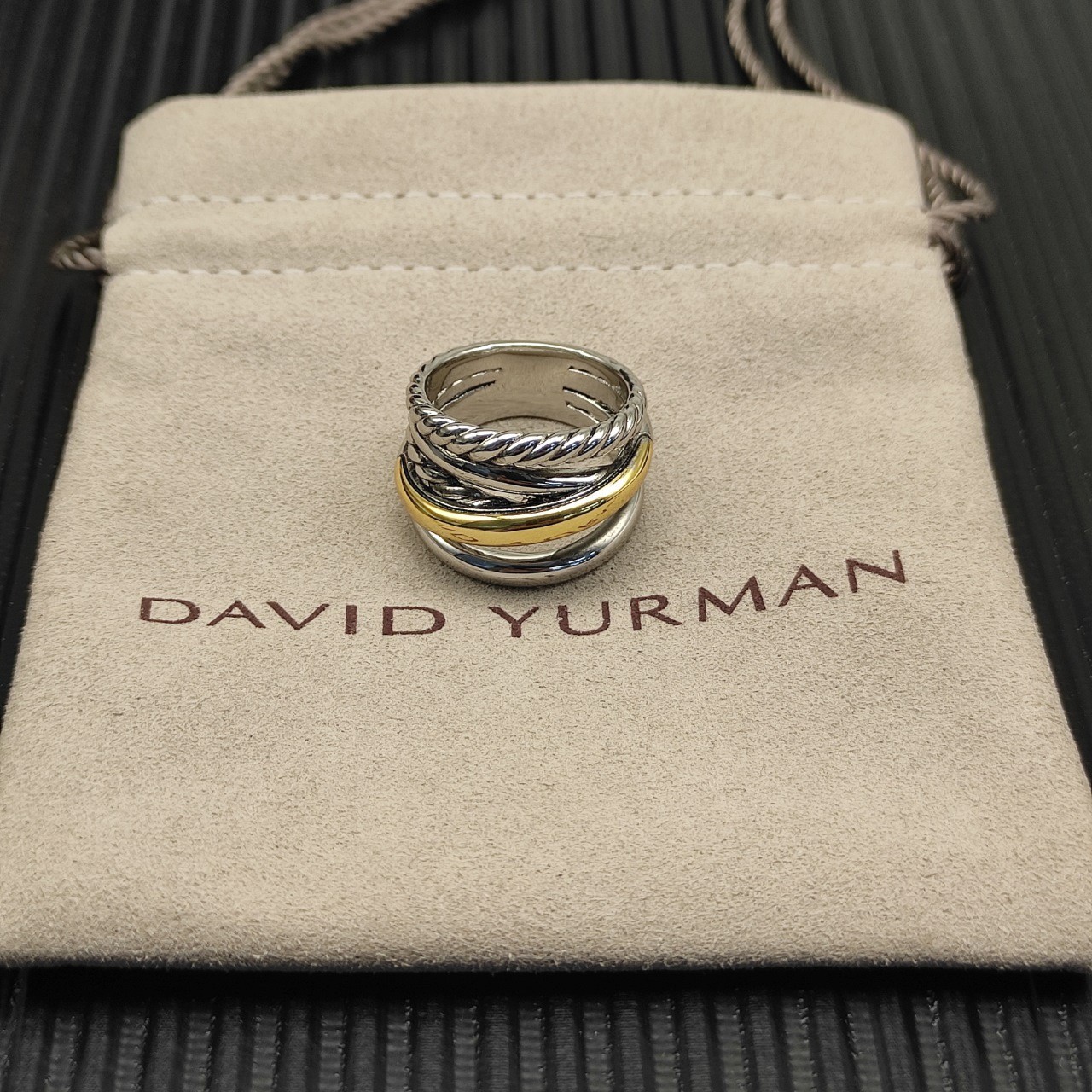 David Yurman Sterling Silver Crossover Five Row Ring with 18k Gold Size 8