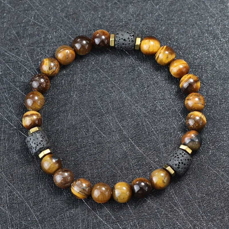 Unique Natural Stone Bracelet Men 8Mm Obsidian Tiger Eyes Beaded Braclet Homme H