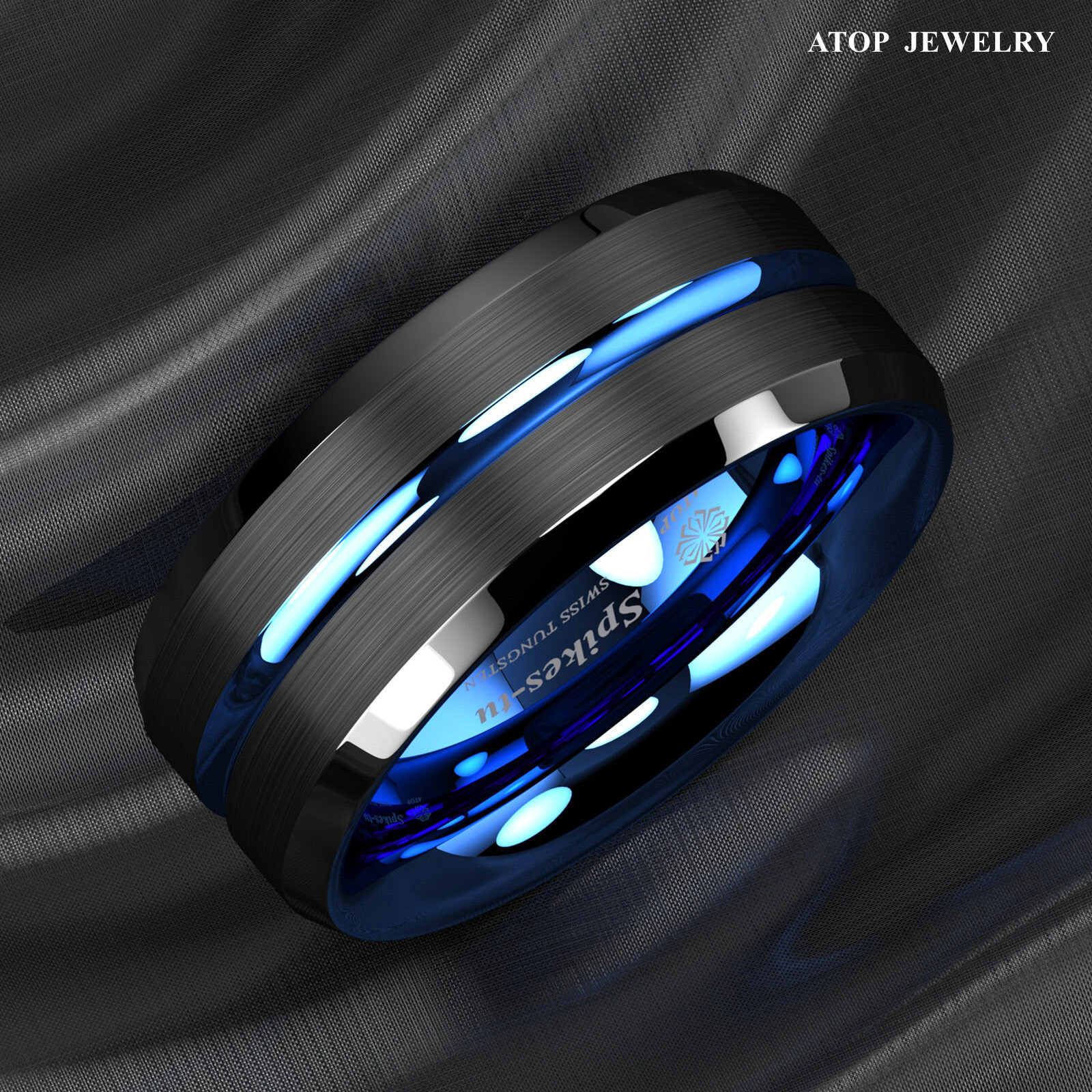 8/6mm Tungsten Men’s Ring Thin Blue Line-Inside Black Brushed Band ATOP Jewelry