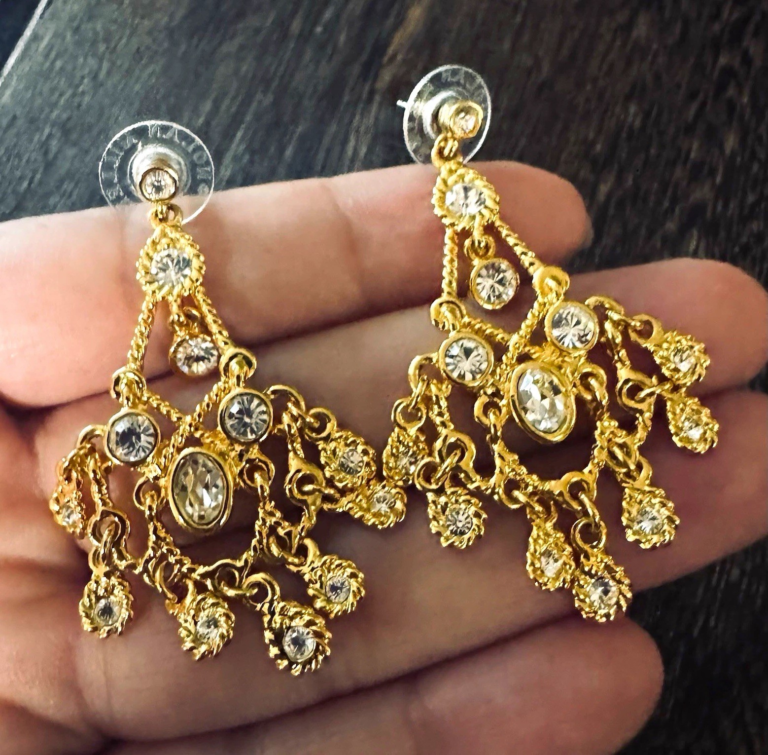 Gold Tone Chandelier Dangle Earrings Simulated Crystal Rhinestones Signed